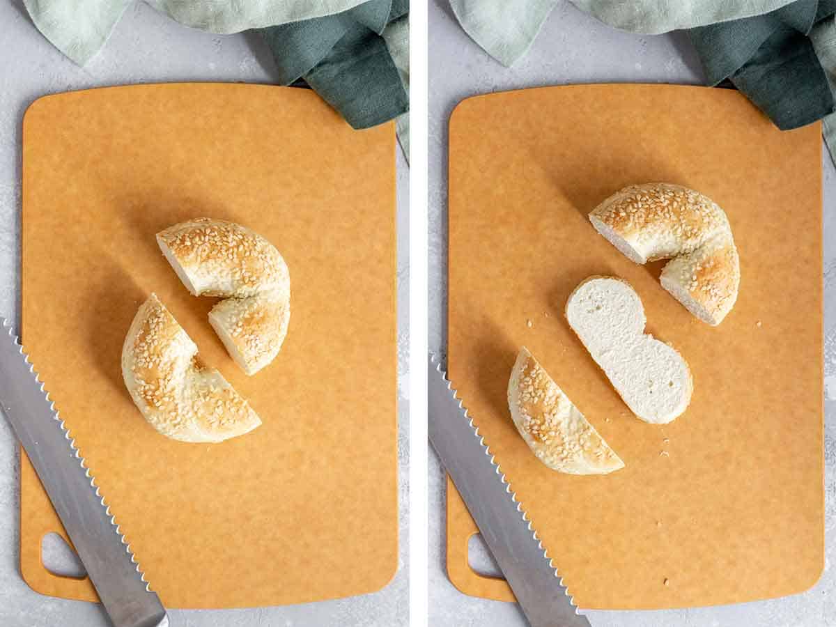 Set of two photos showing a bagel cut.