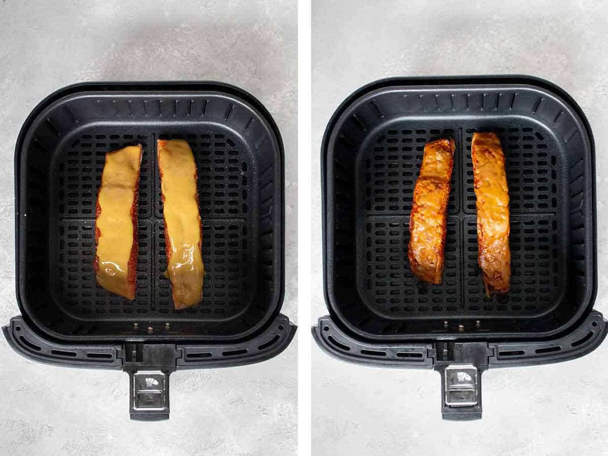 Set of two photos showing the before and after air frying maple dijon salmon.