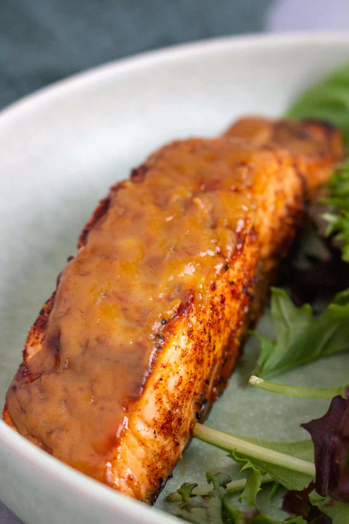 Close up of air fried maple dijon salmon.