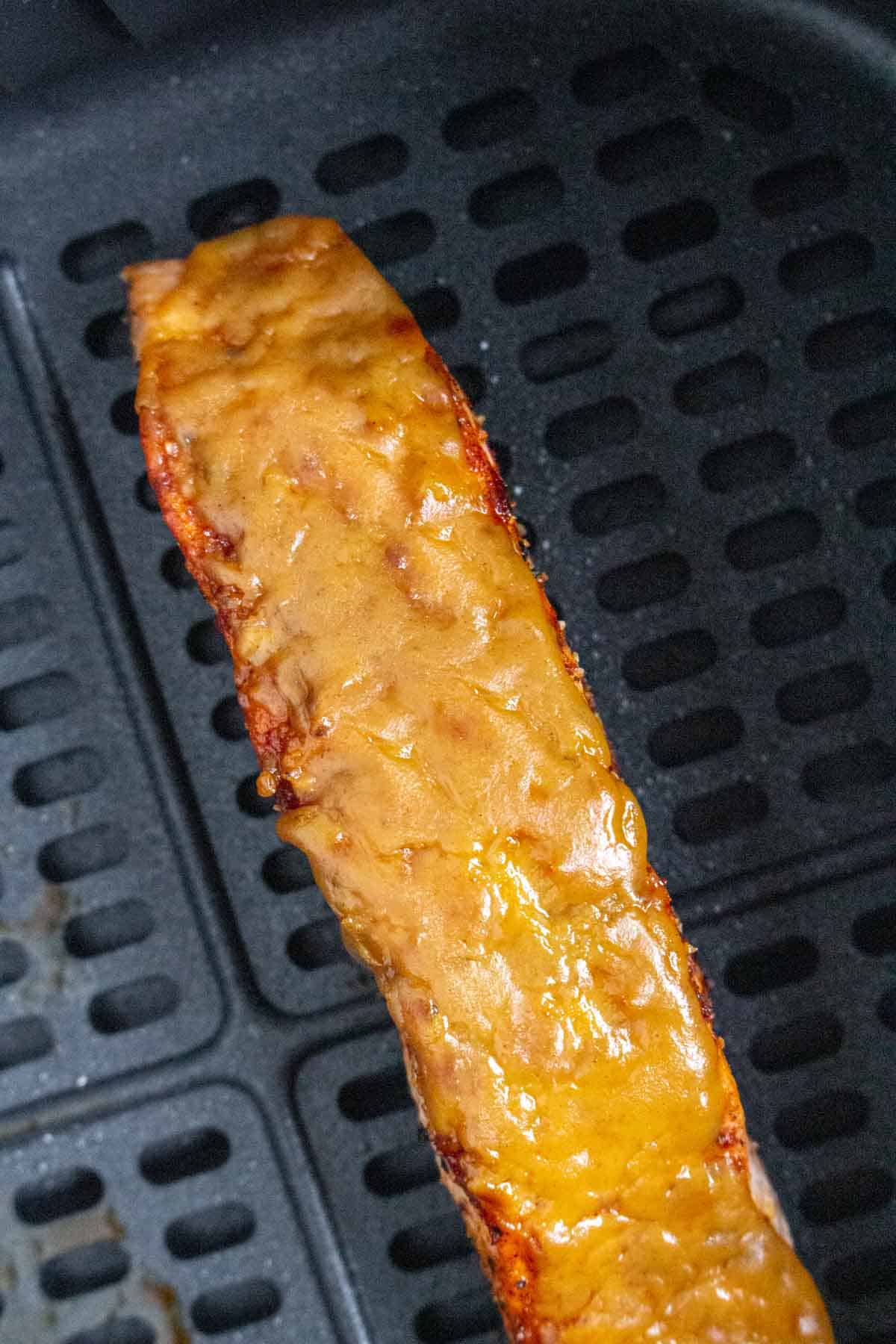 Close up of maple dijon salmon in the air fryer.