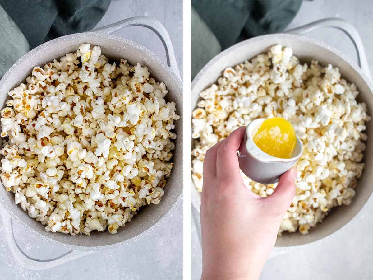Set of two photos showing popcorn in a pot and melted butter added.