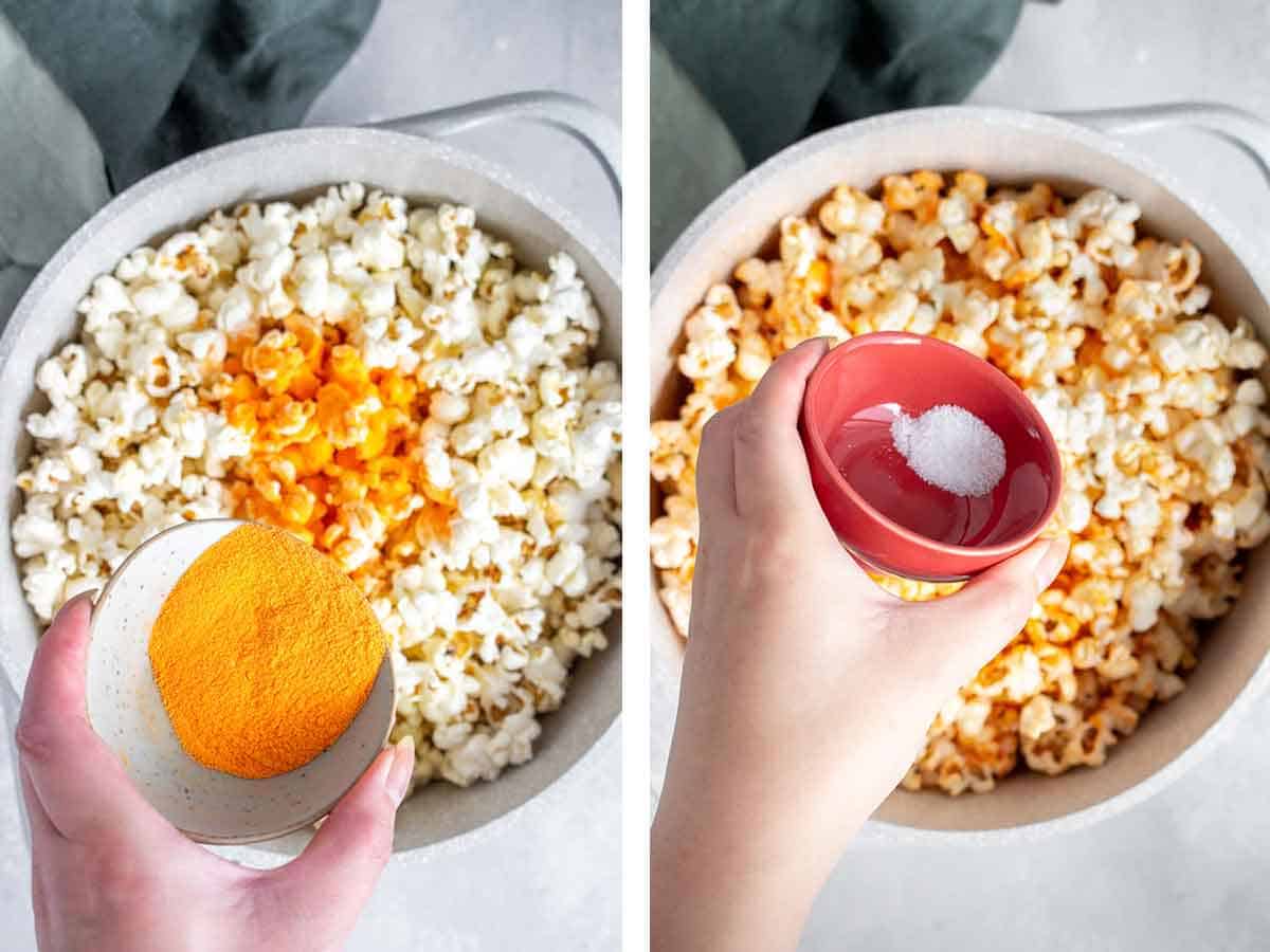 Set of two photos showing cheddar powder and salt added to the popcorn.