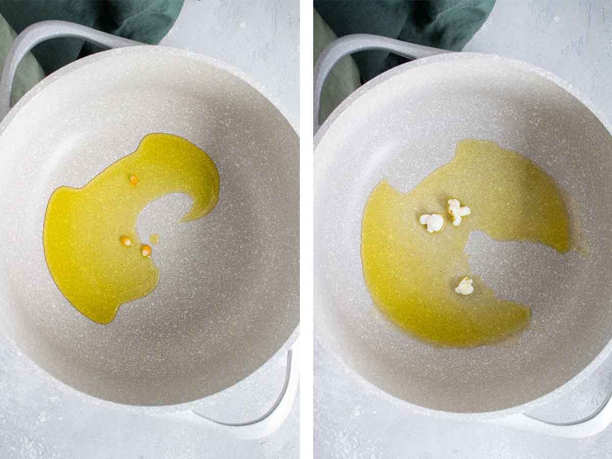 Set of two photos showing three kernels added to a pot with oil and them popped.