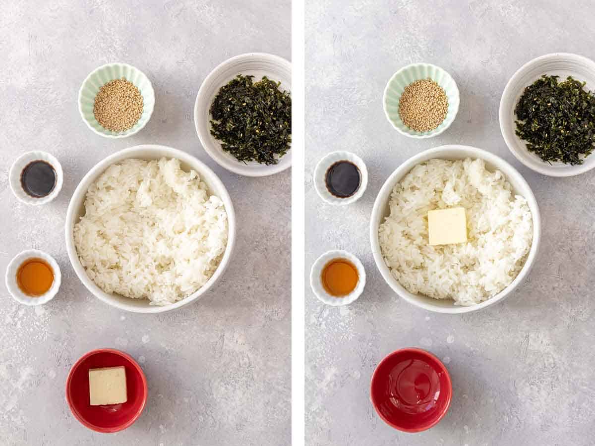 Set of two photos showing rice and butter added to a bowl.