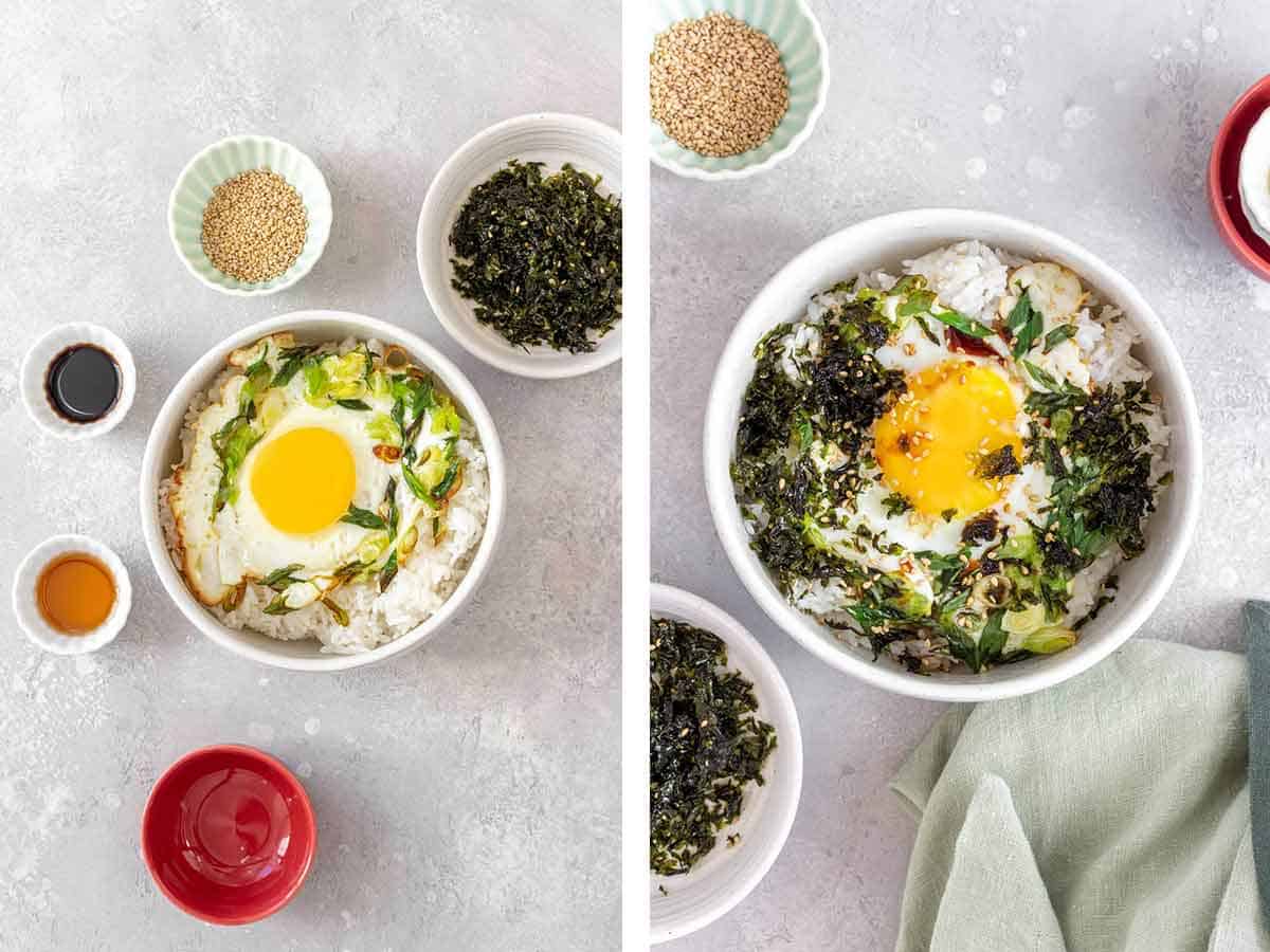 Set of two photos showing scallion fried egg and seaweed added to the rice bowl.