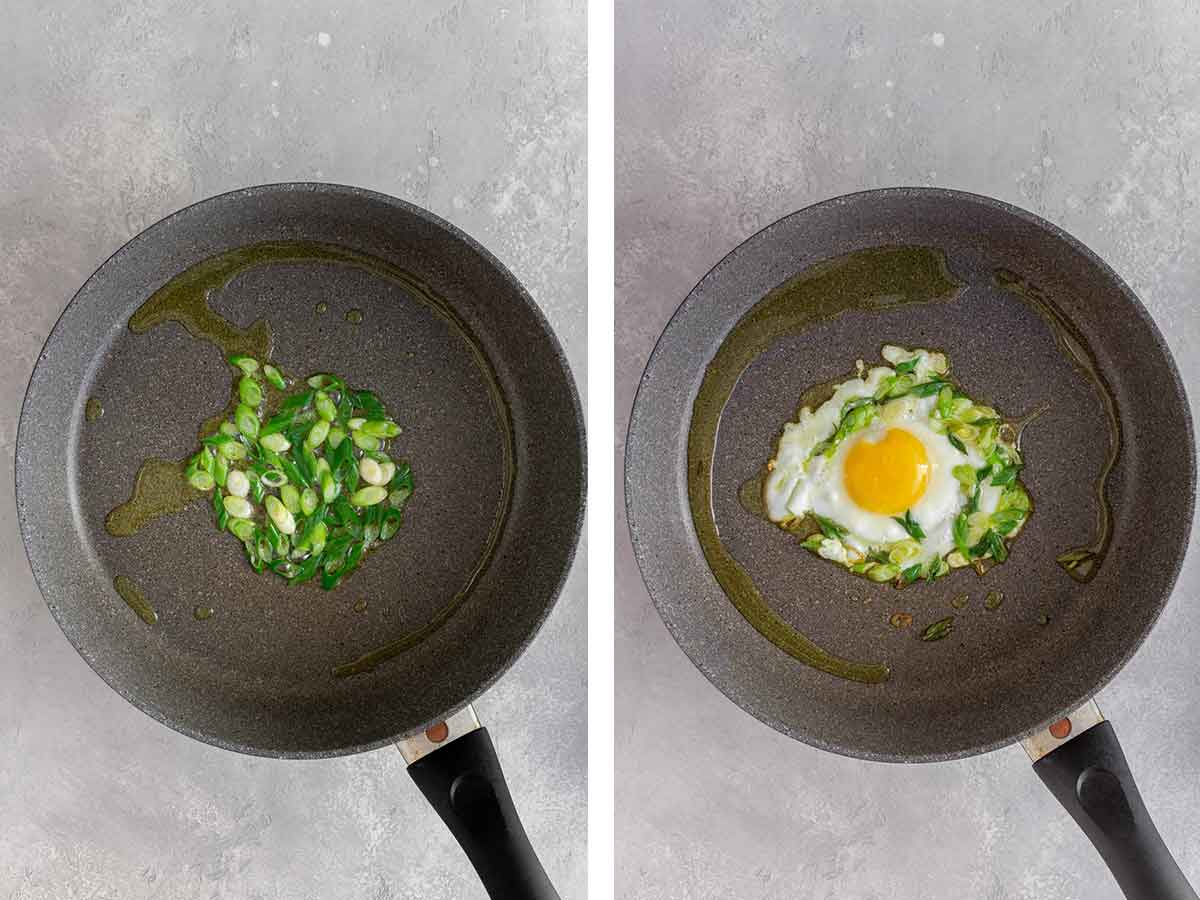 Set of two photos showing green onions cooked in oil and an egg fried on top.