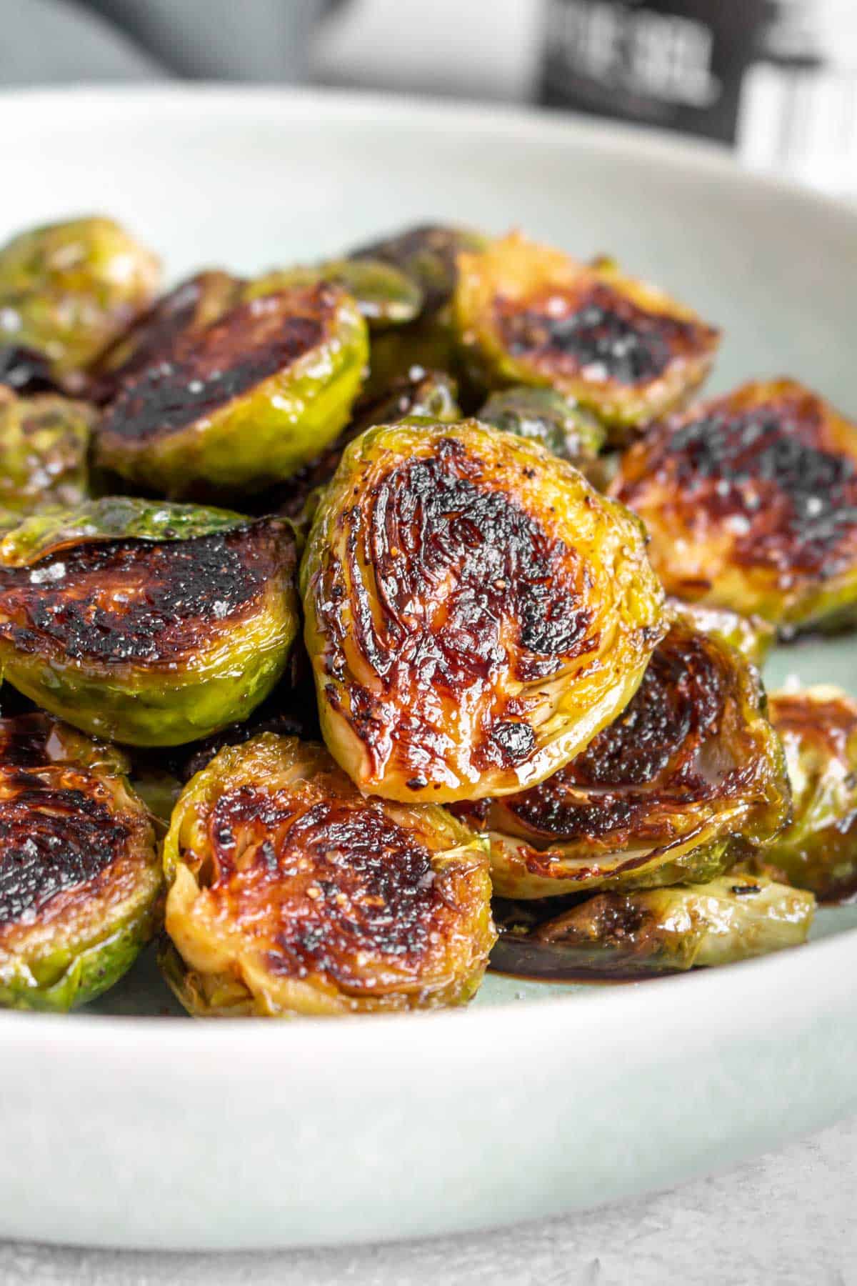 Close up of maple balsamic brussels sprouts.