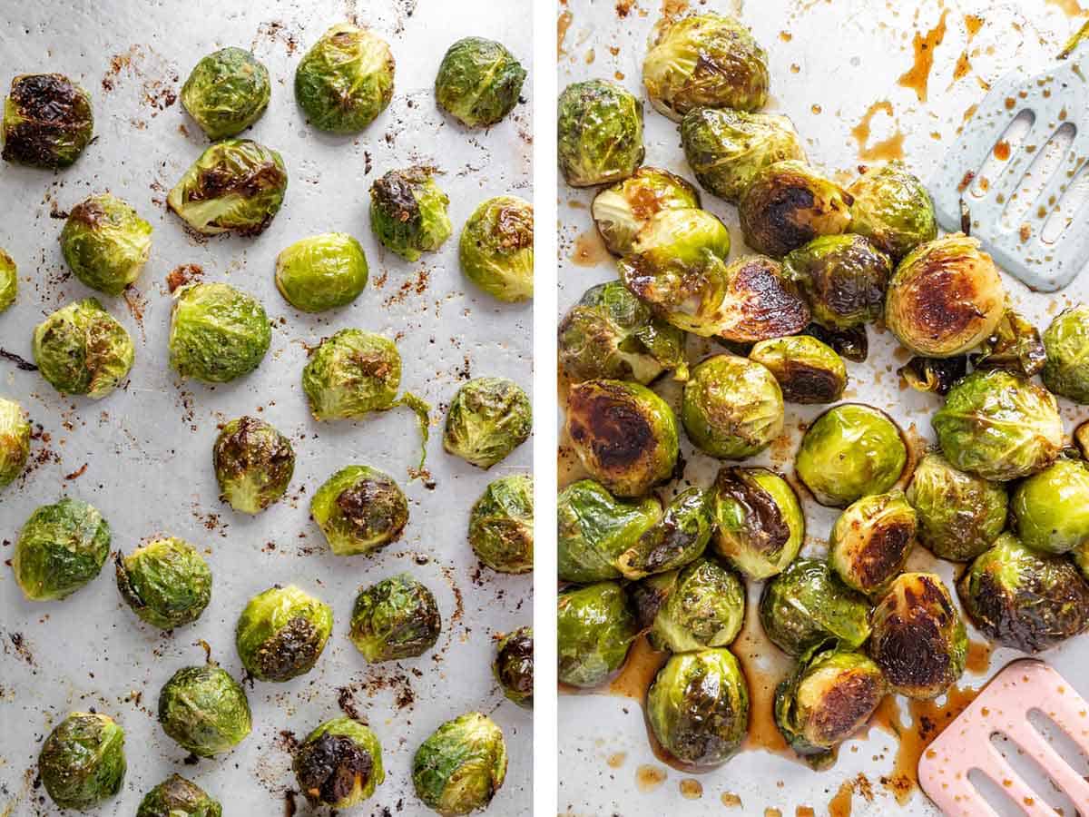 Set of two photos showing roasted brussels sprouts on a sheet pan then tossed in maple syrup and balsamic vinegar.