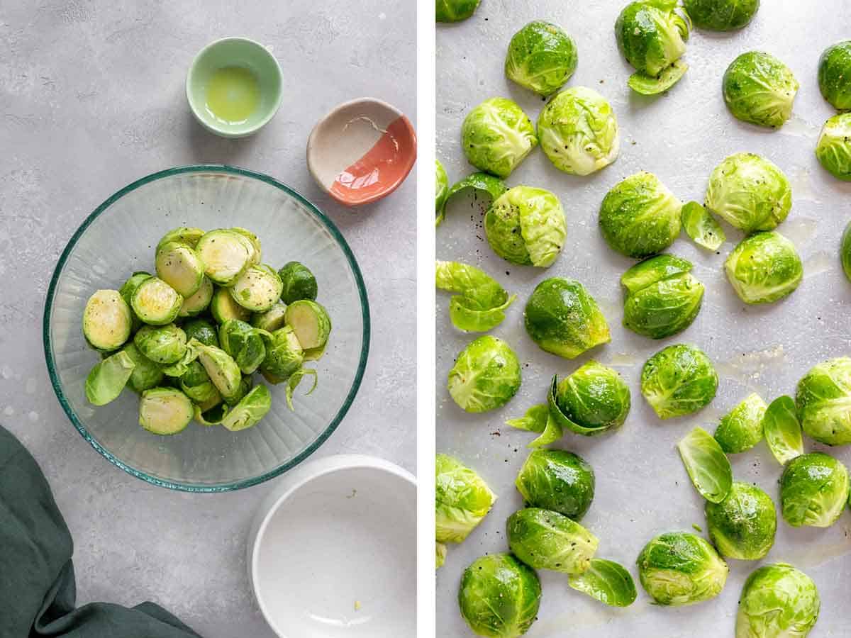 Set of two photos showing brussels sprouts seasoned and spread onto a pan.