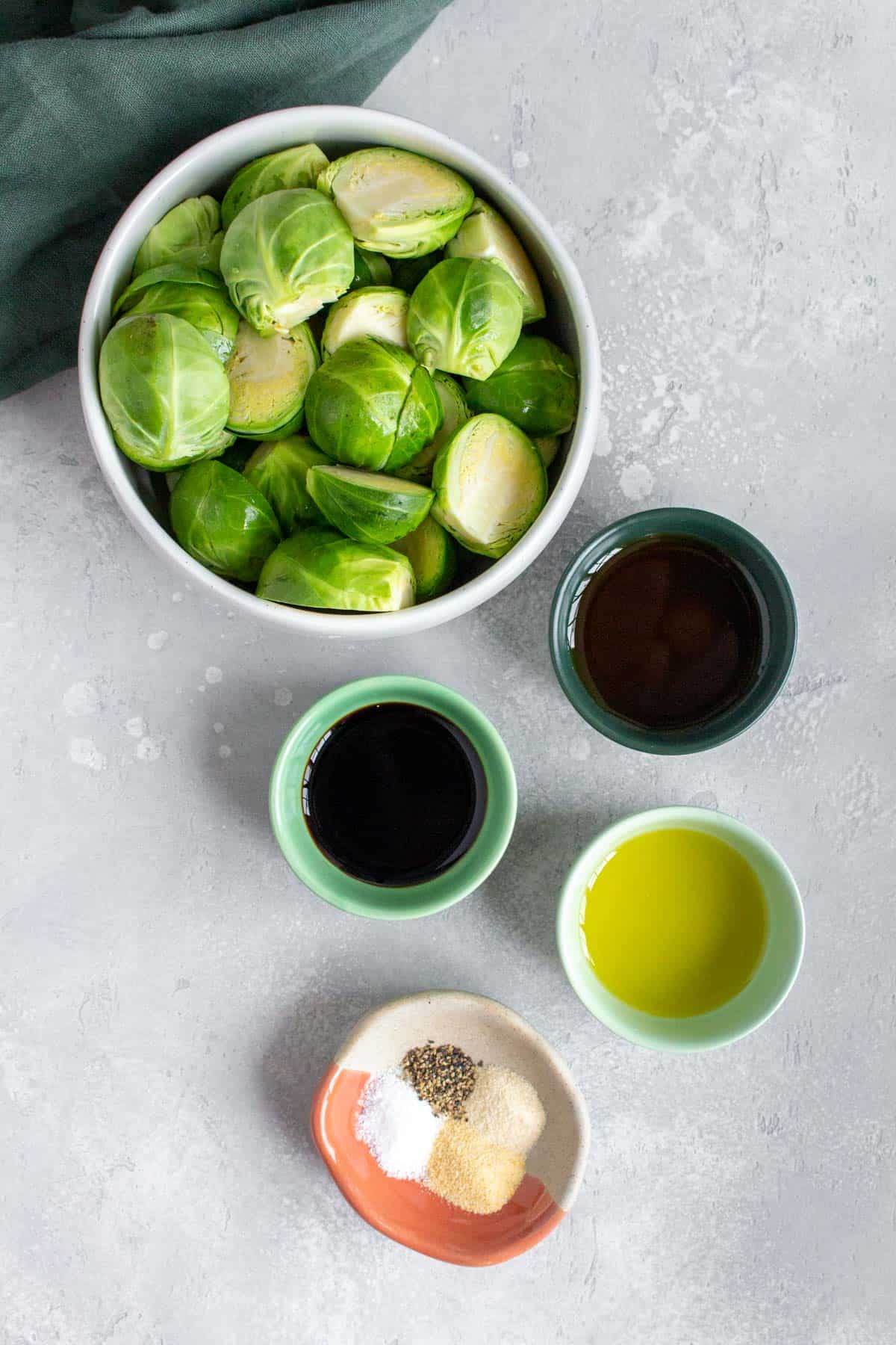 Ingredients needed to make maple balsamic brussels sprouts.