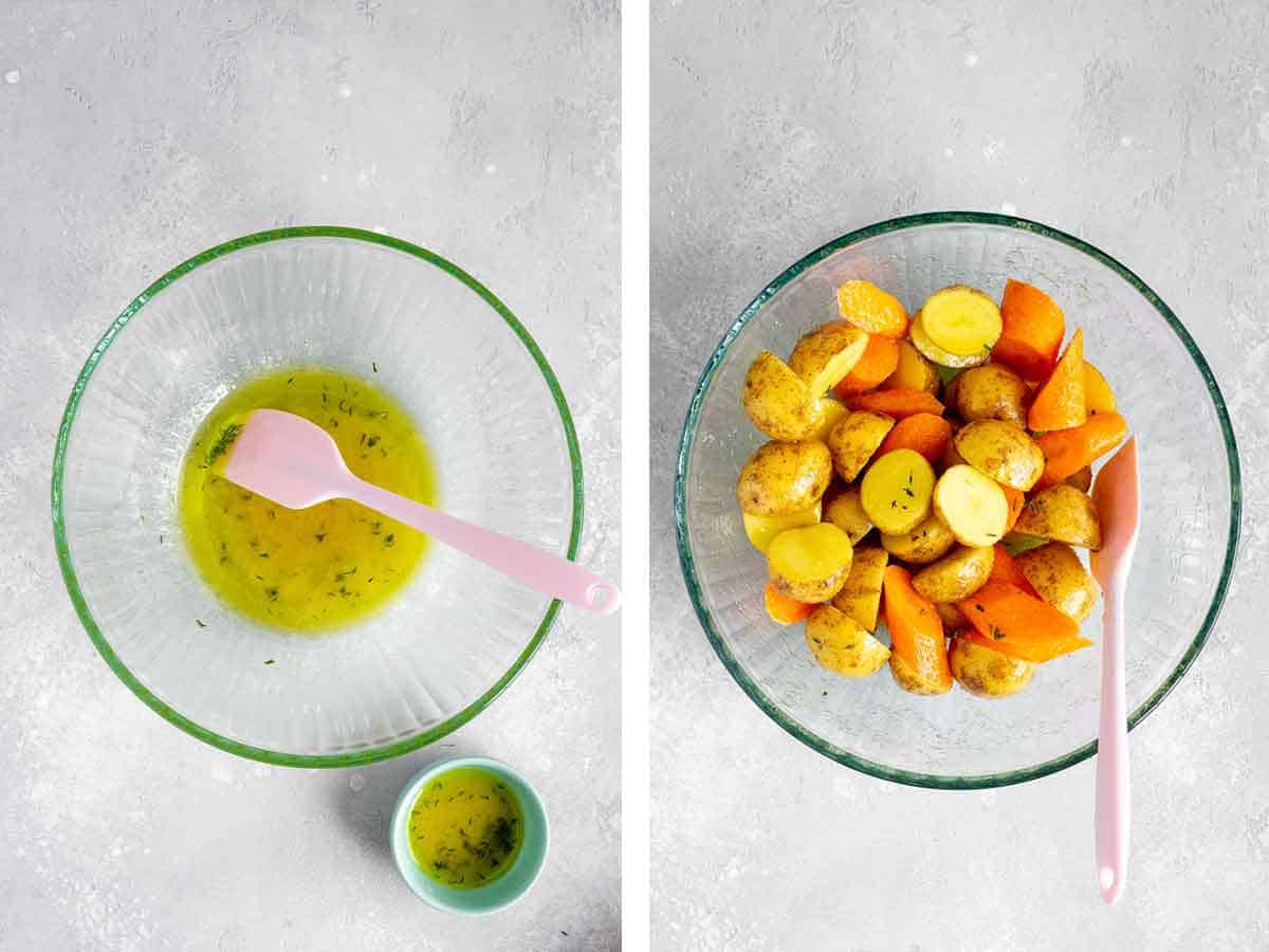 Set of two photos showing lemon herb marinade mixed in a bowl and vegetables added to the bowl.