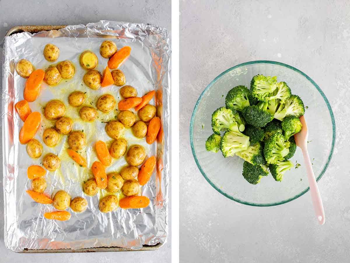 Set of two photos showing potatoes and carrots added to a lined sheet pan and broccoli mixed with the marinade.