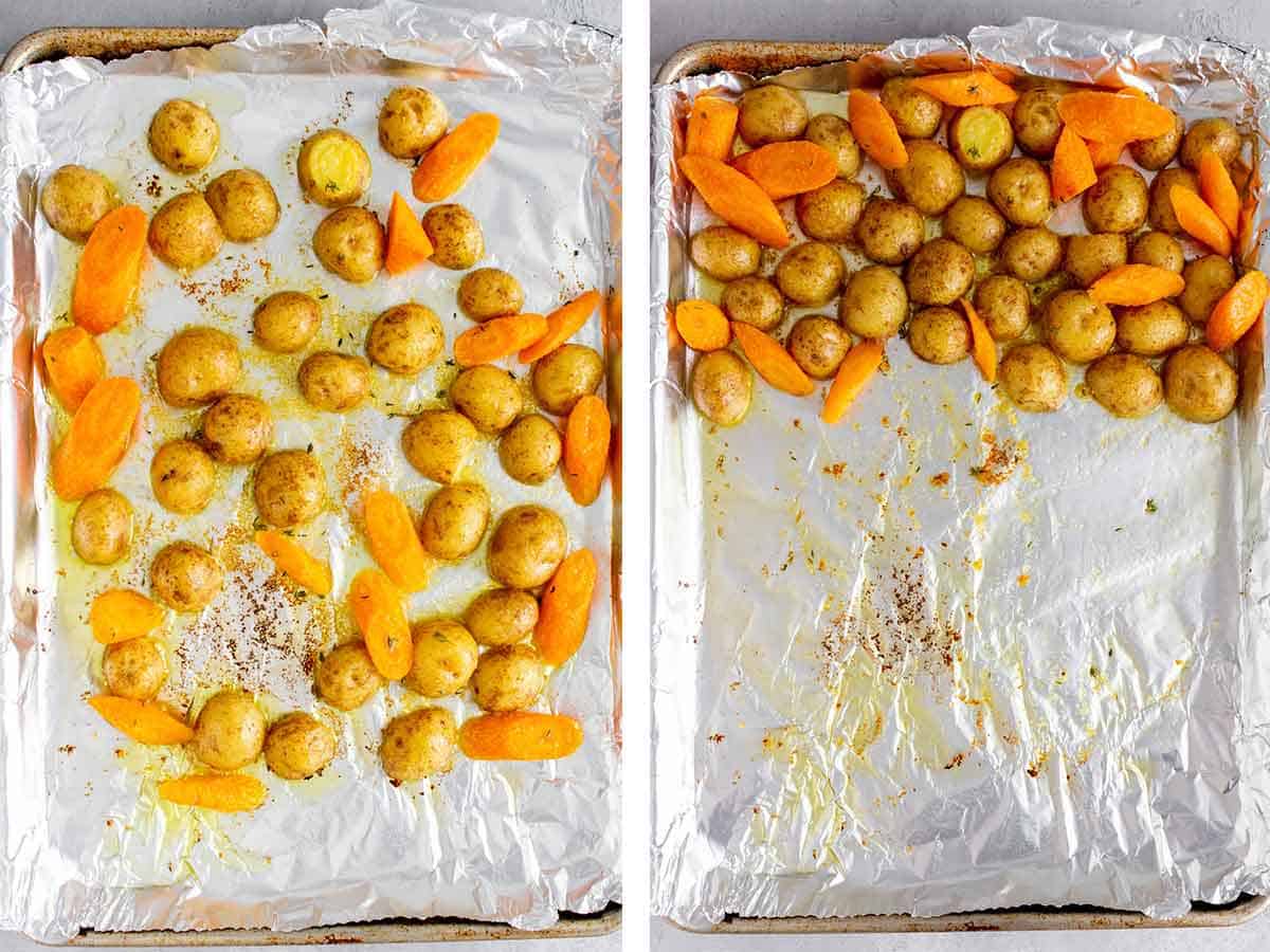 Set of two photos showing half roasted potatoes and carrots on the sheet pan then pushed to one side.
