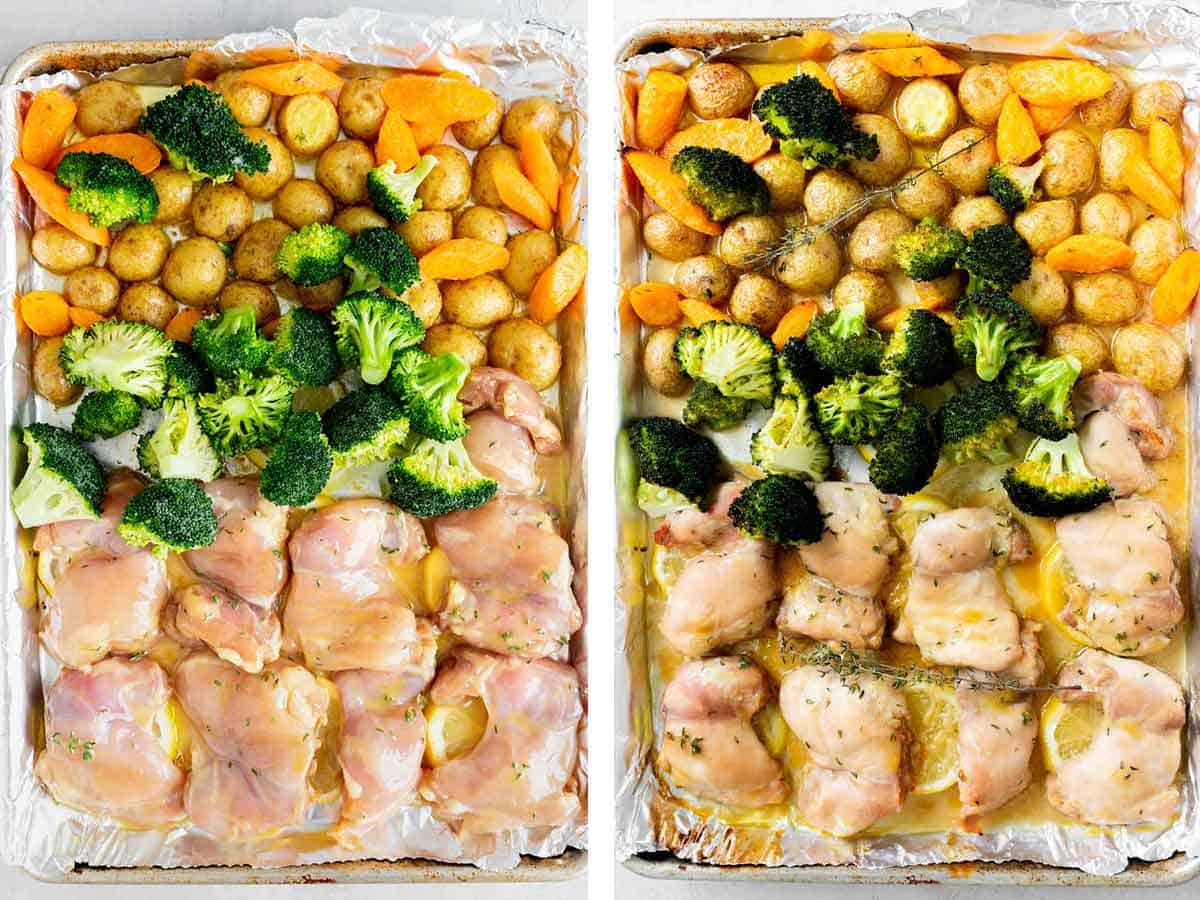 Set of two photos showing chicken and broccoli added to the sheet pan then baked.