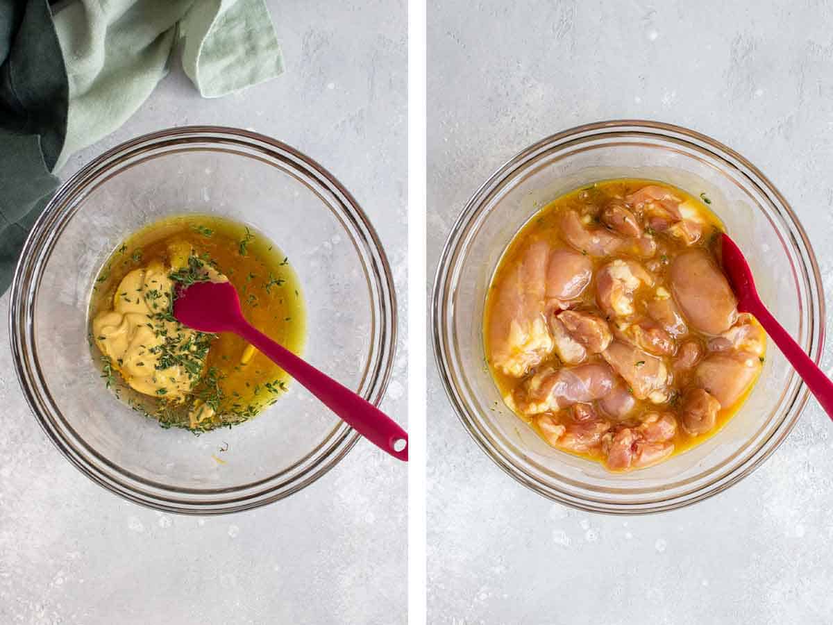 Set of two photos showing honey mustard sauce mixed and chicken added to the bowl.