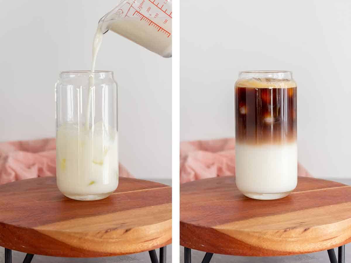 Set of two photos showing milk poured into a glass and coffee added on top.