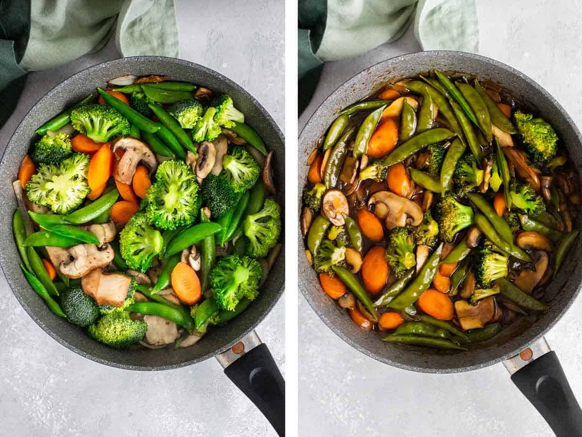 Set of two photos showing vegetable stir fry before and after it's coated in sauce.