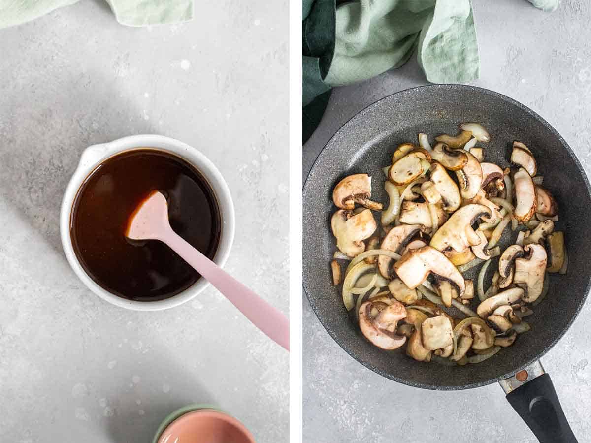 Set of two photos showing sauce mixed in a bowl and onions and mushrooms cooked in a skillet.