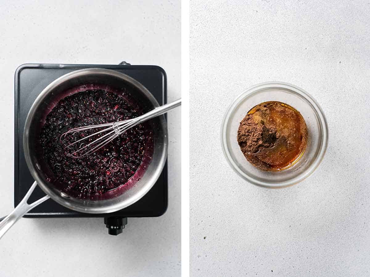 Set of two photos showing blueberry mixture mixed and chocolate base ingredients added to a glass.
