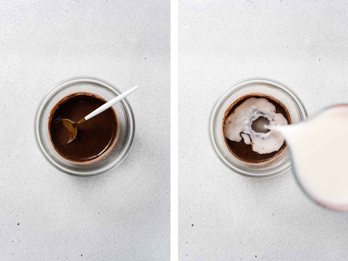 Set of two photos showing chocolate mixture stirred and milk added.
