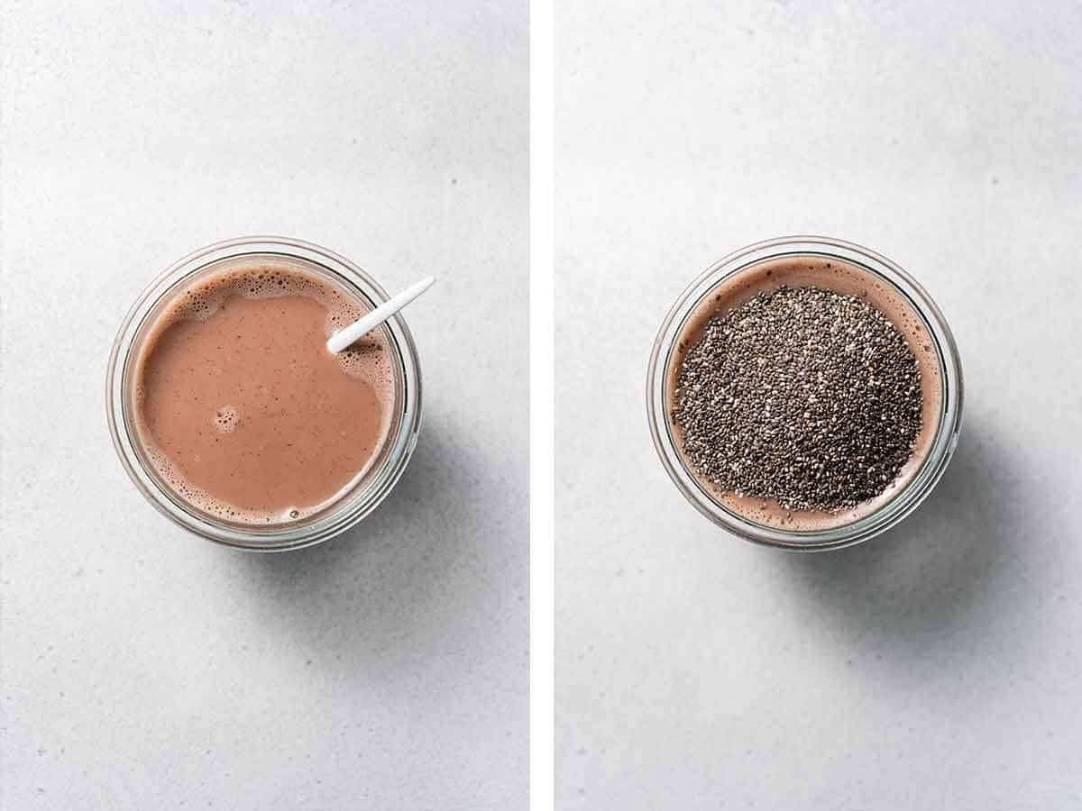 Set of two photos showing chocolate mixture mixed and chia seeds added.
