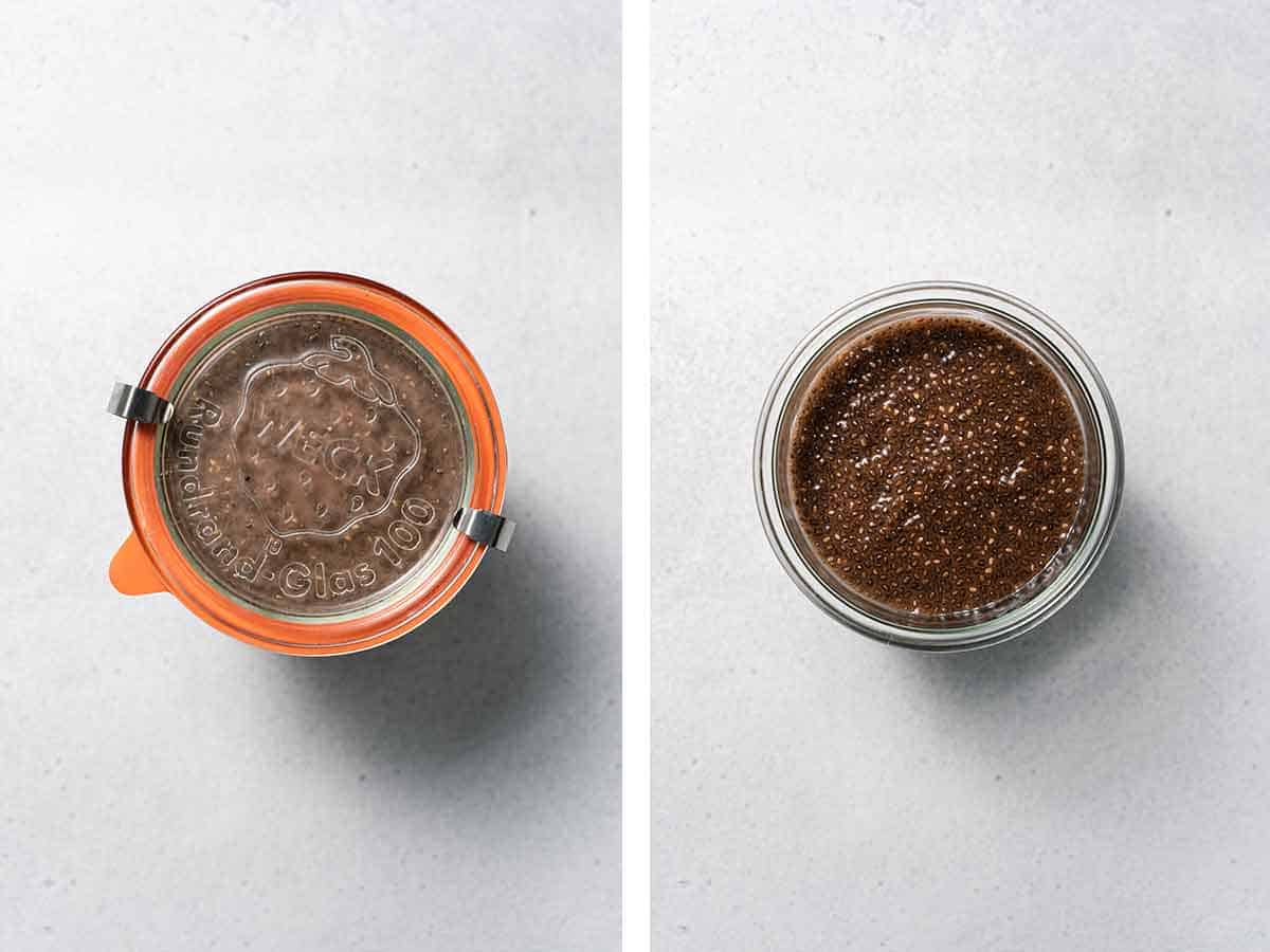 Overhead view of chocolate chia pudding before and after setting.