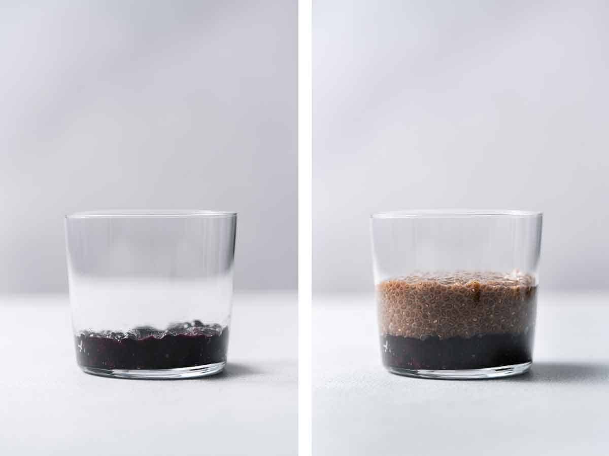 Set of two photos showing a layer of blueberry chia and chocolate chia added to a glass.