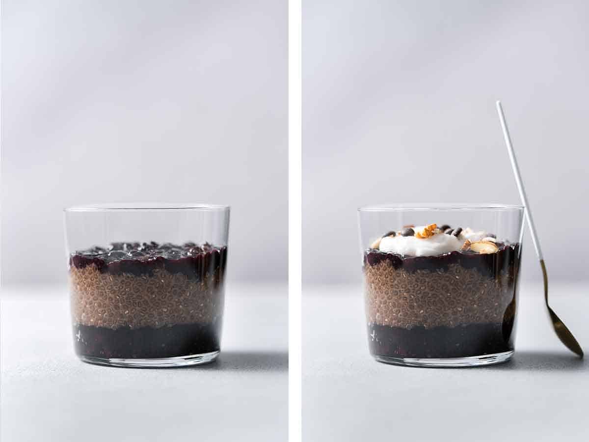 Set of two photos showing layered chocolate blueberry chia pudding before and after adding toppings.