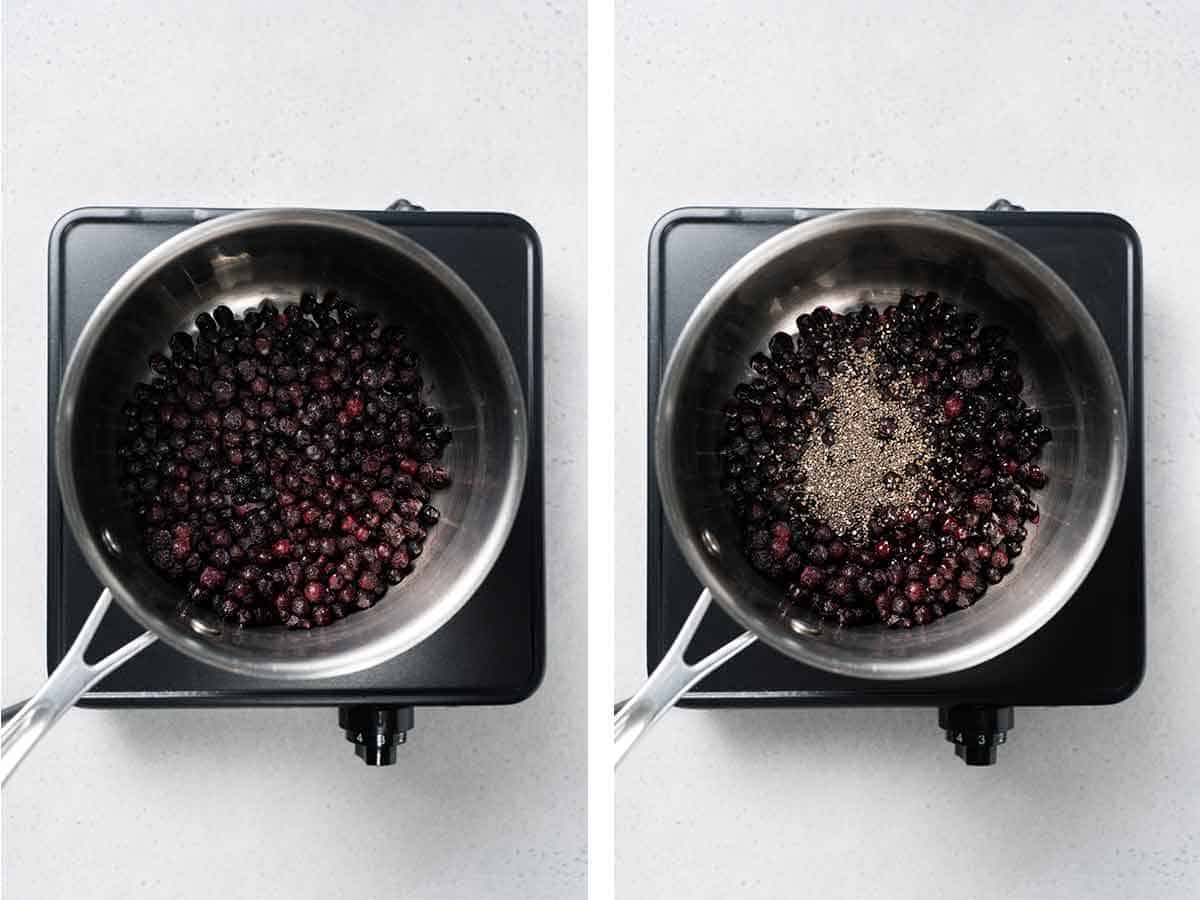 Set of two photos showing blueberries and chia seeds added to a pan.