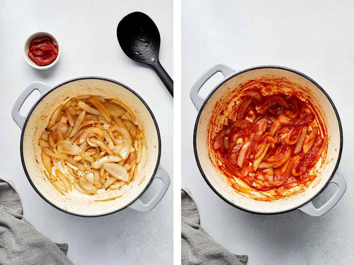 Set of two photos showing onions and tomato pasta cooked in a pot.