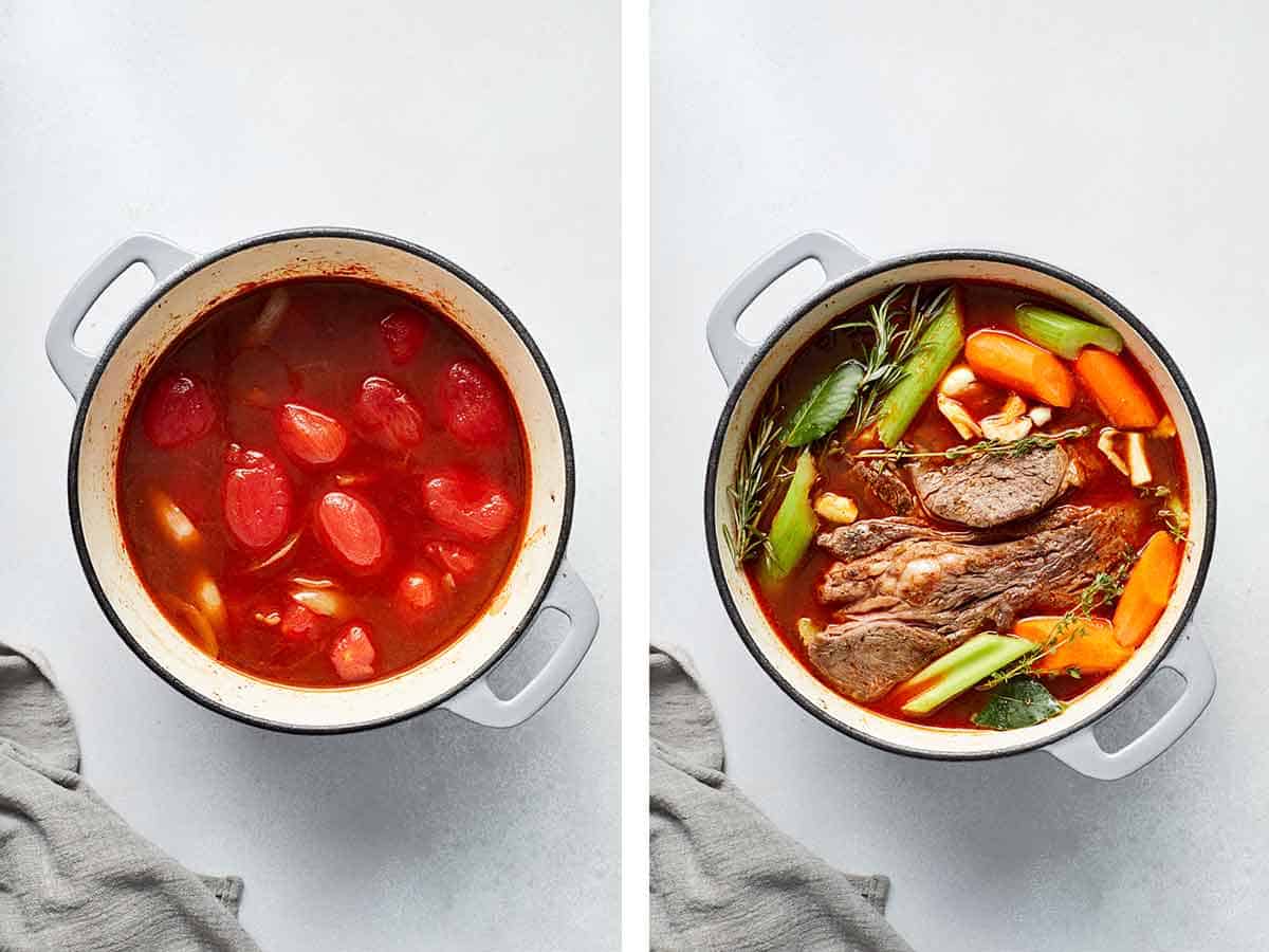 Set of two photos showing tomatoes, broth, meat, vegetables, and herbs added to the pot.