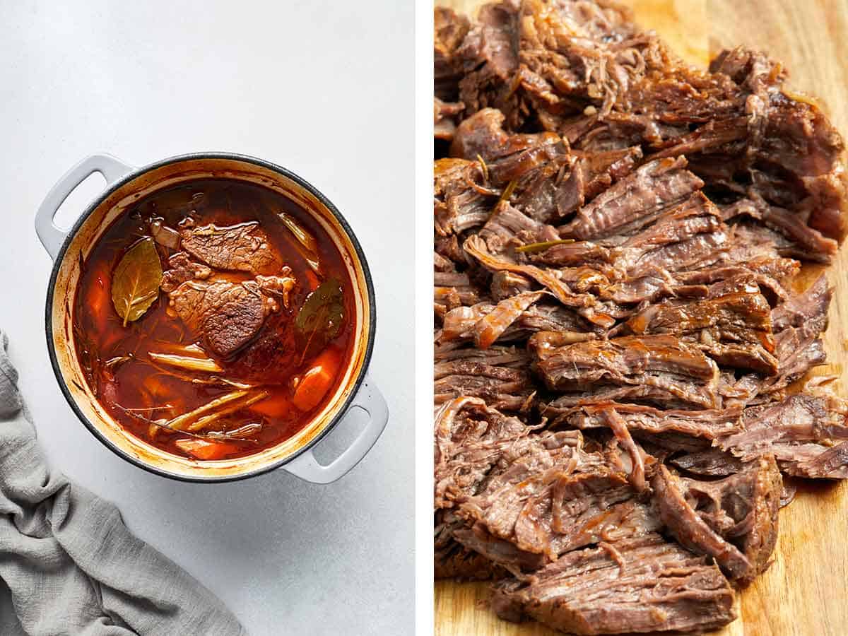 Set of two photos showing the pot roast after roasting and meat shredded on a board.