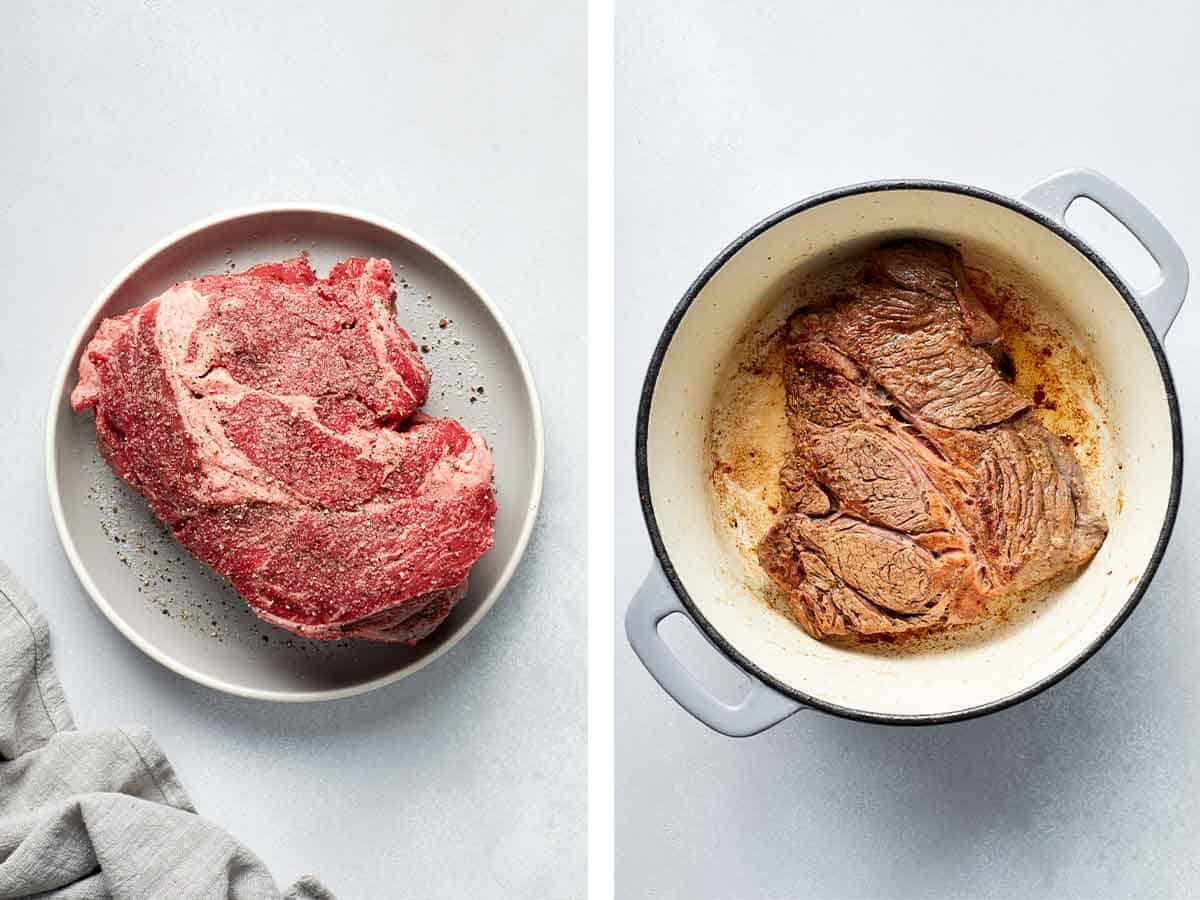 Set of two photo showing meat seasoned and seared in a pot.