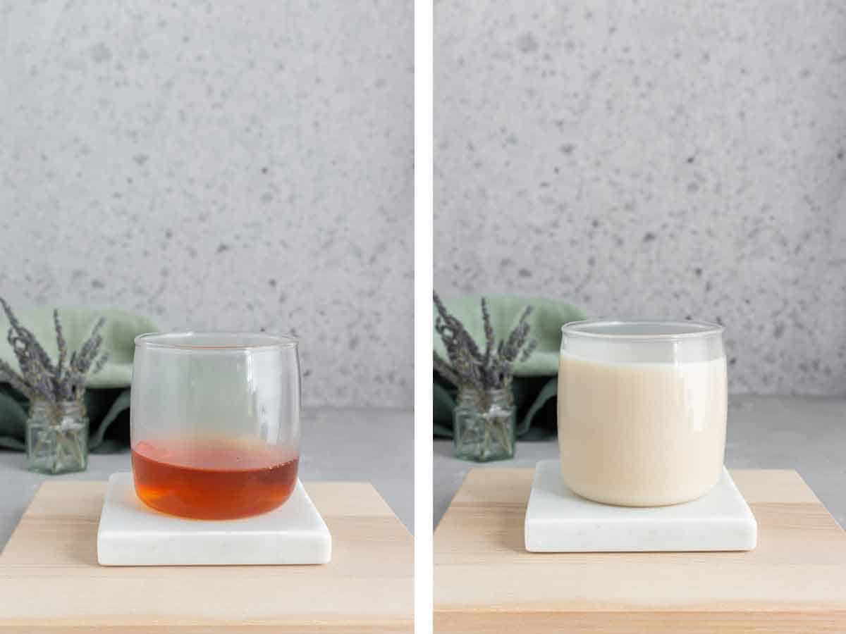 Set of two photos showing tea and warm milk added to a mug.