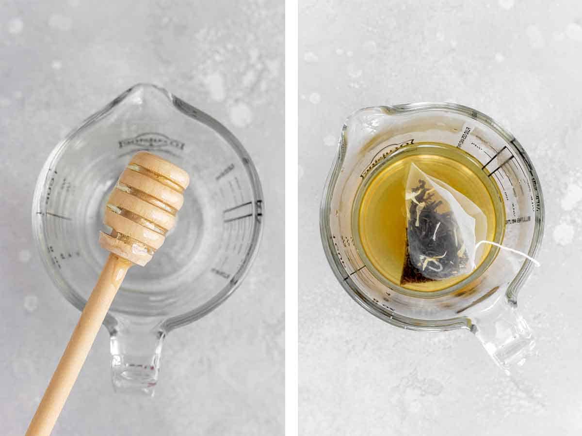 Set of two photos showing honey added to a measuring cup and earl grey steeped.