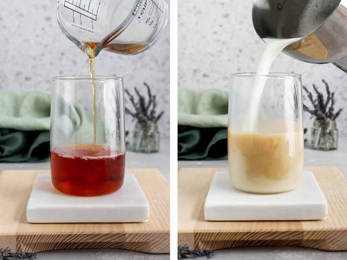 Set of two photos showing tea and milk added to a glass.