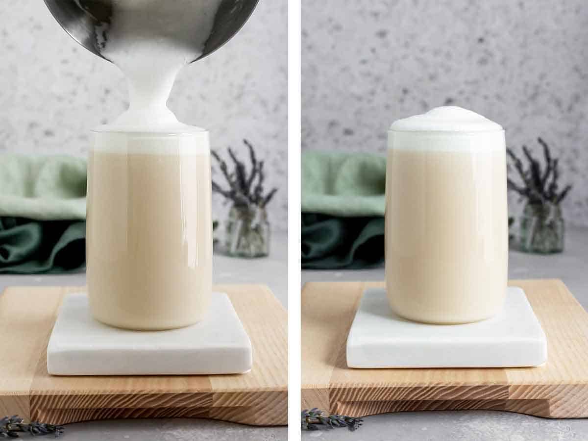 Set of two photos showing foamy milk poured over a glass of lavender london fog.