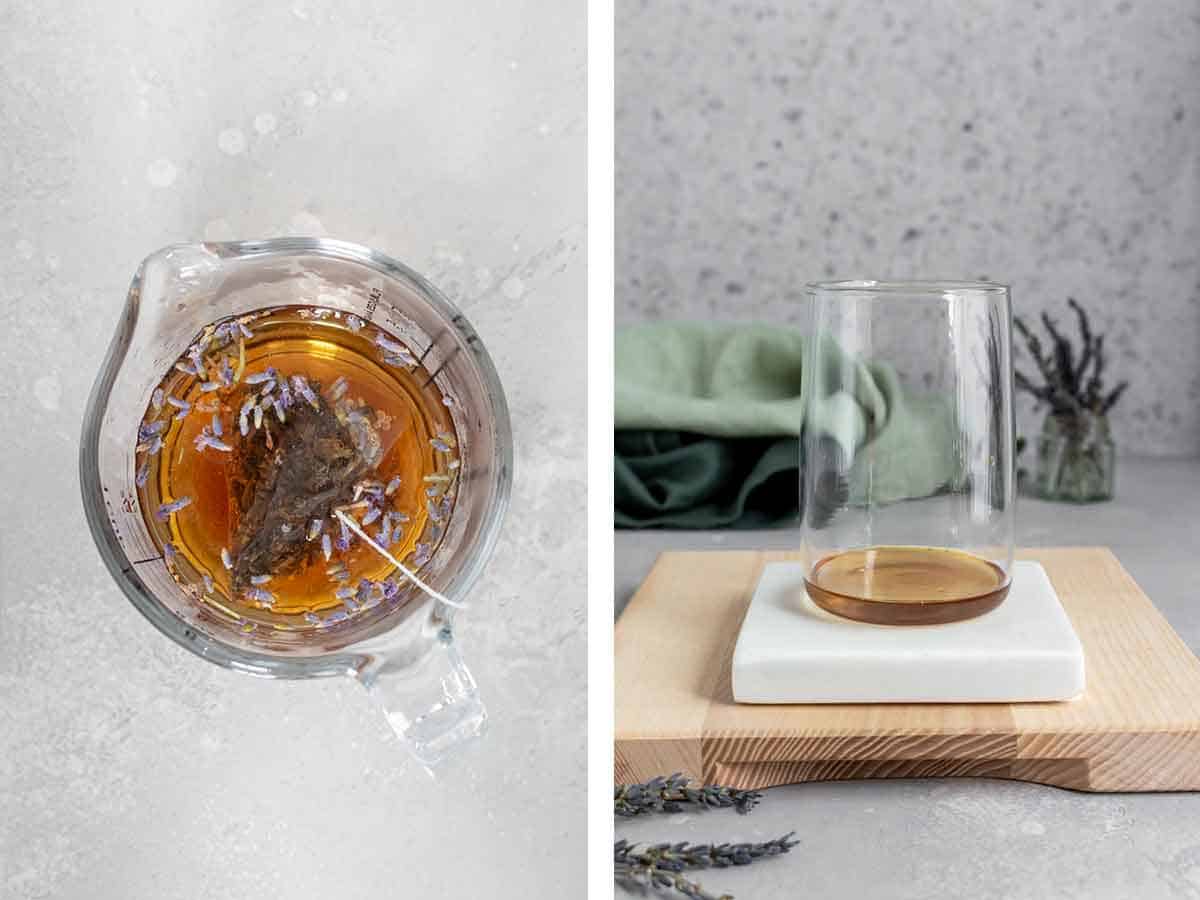 Set of two photos showing tea being steeped and syrup added to a glass.