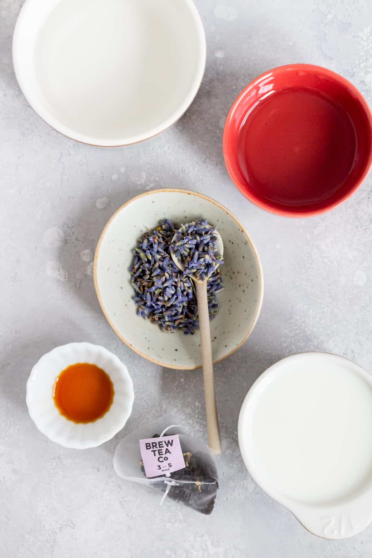 Ingredients needed to make a lavender london fog.