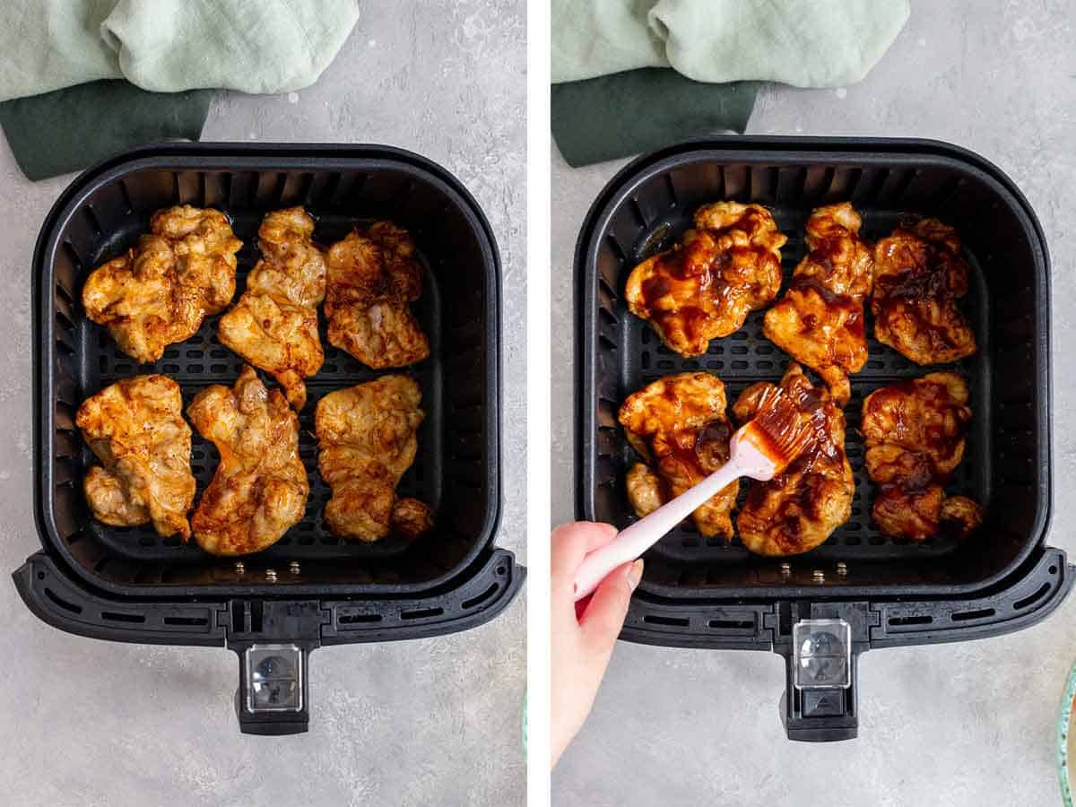 Set of two photos showing chicken thighs before and after brushing with bbq sauce.