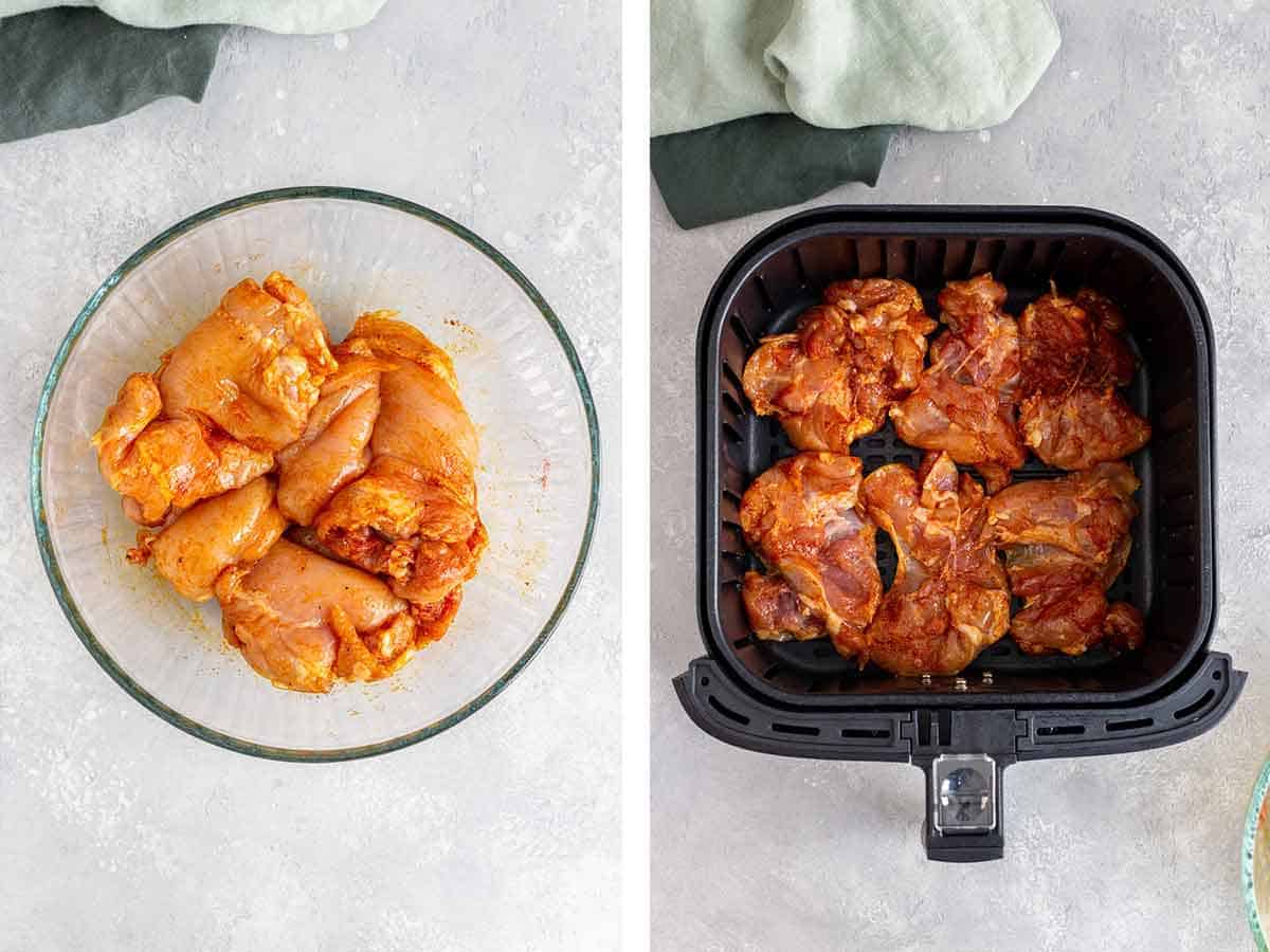 Set of two photos showing seasoned chicken thighs in a bowl and air fryer basket.