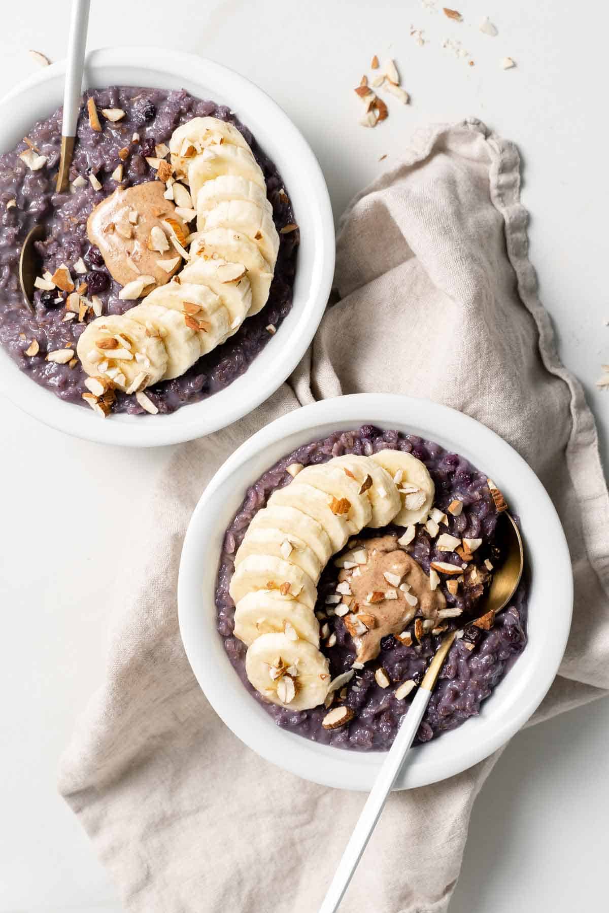 Overhead view of two bowls of blueberry oats with toppings.