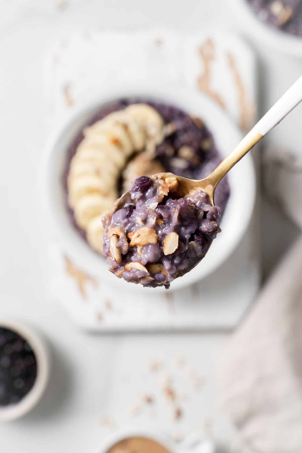 A spoonful of blueberry oats.