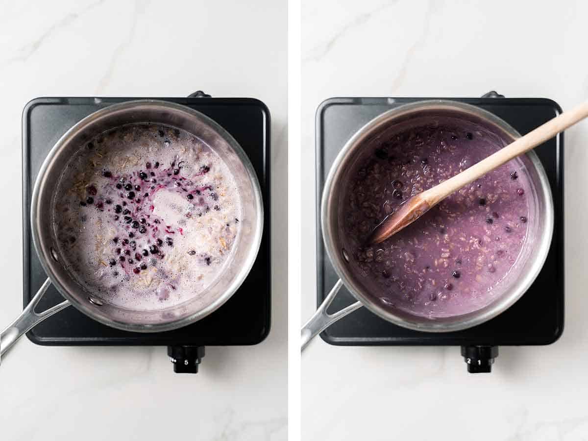 Set of two photos showing oats and blueberries mixture cooked in a pan.