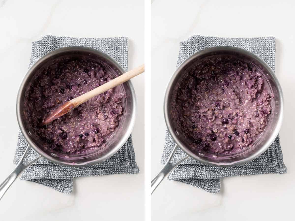 Set of two photos showing blueberry oats stirred.