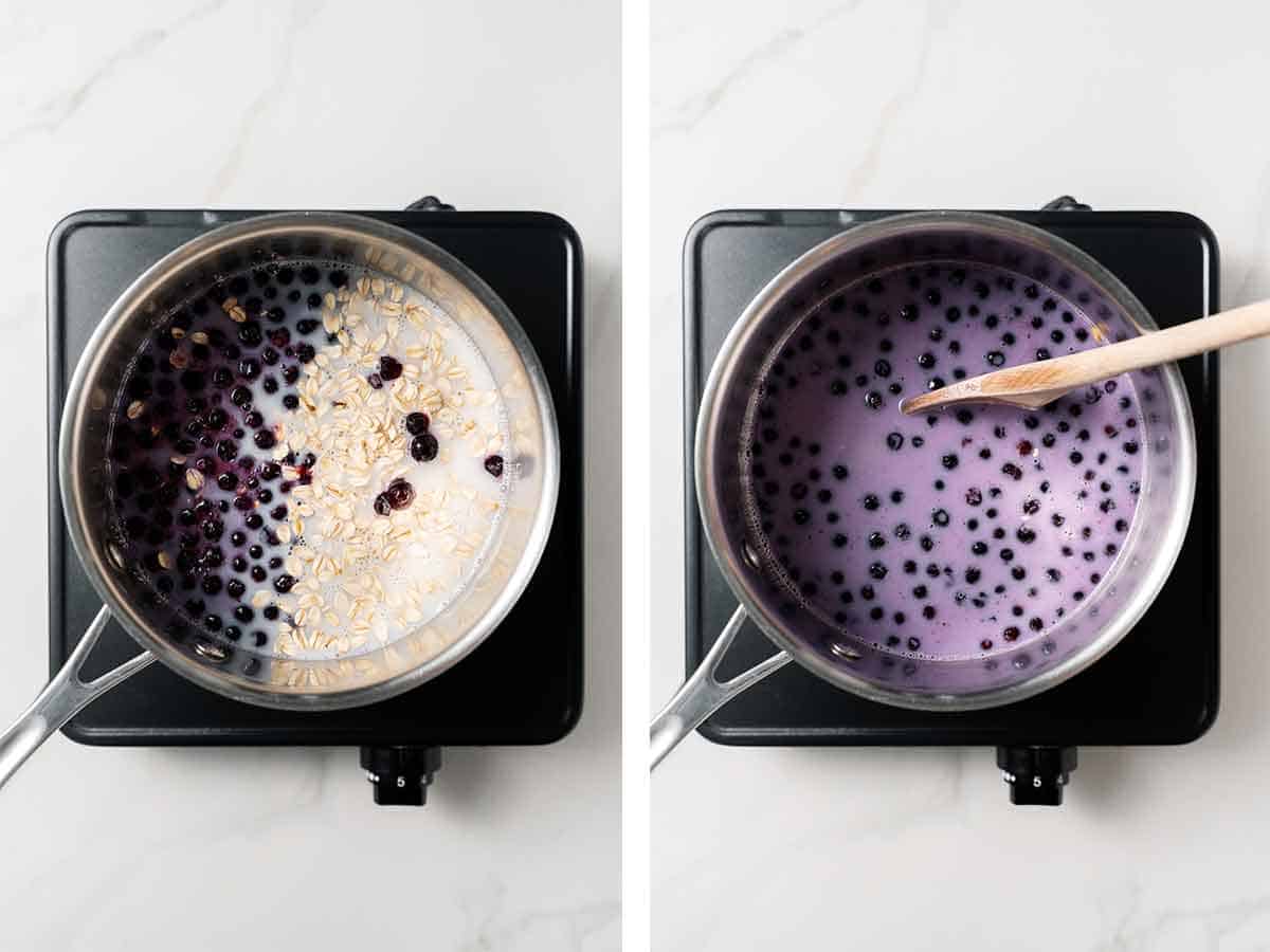 Set of two photos showing ingredients for blueberry oats added to a pan.