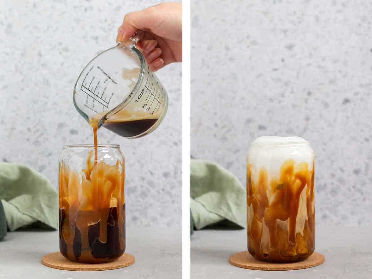 Set of two photos showing coffee and milk poured into a glass.