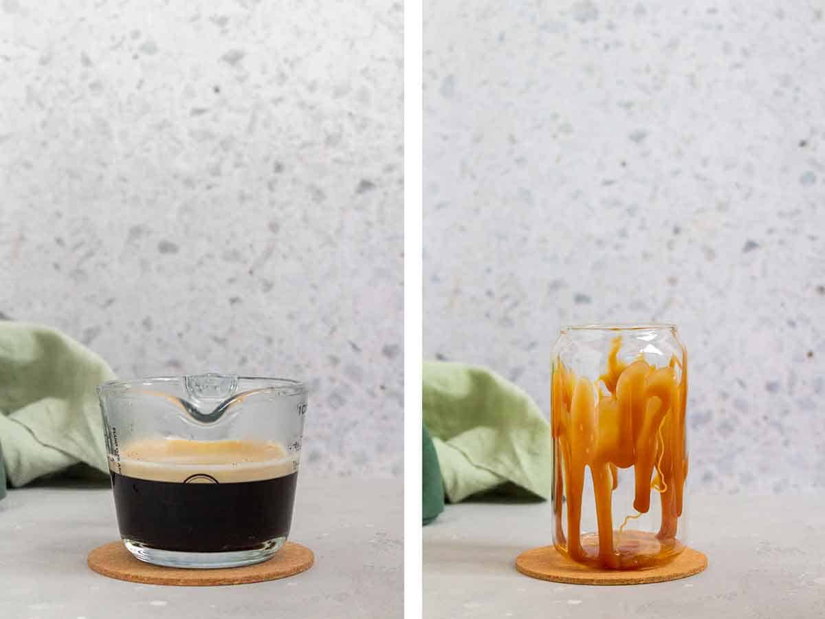 Set of two photos showing coffee brewed and caramel drizzled on the inside of a glass.