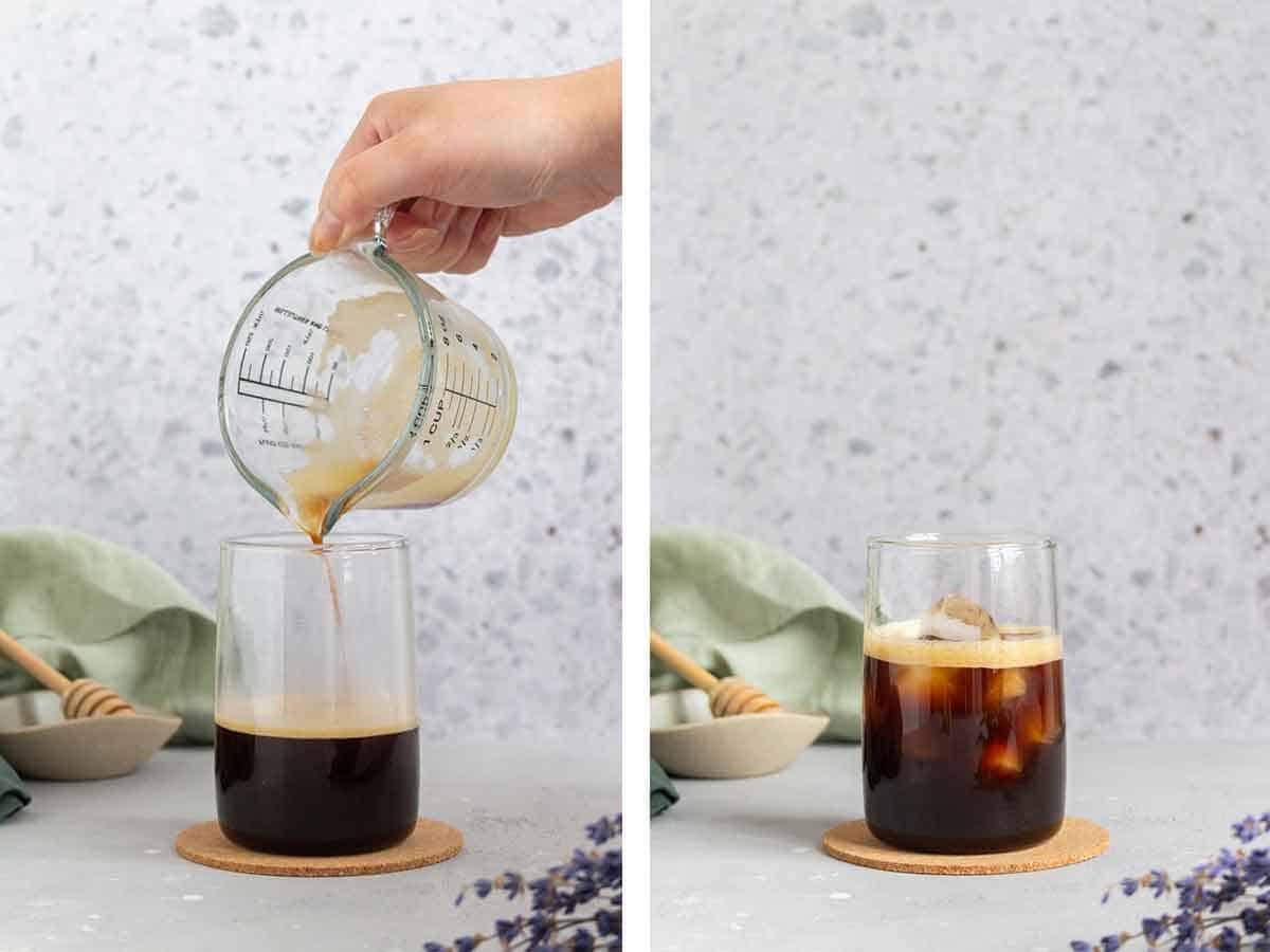 Set of two photos showing coffee and ice added to a glass.