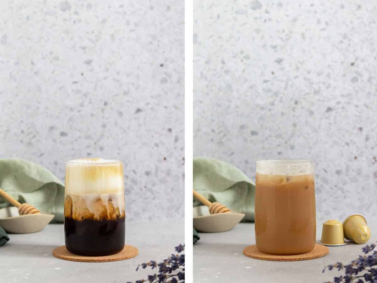 Set of two photos showing milk added to a glass of coffee and combined.